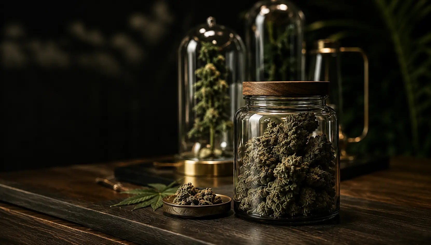Cannabis flower displayed in a glass jar in a warm, carefully arranged setting