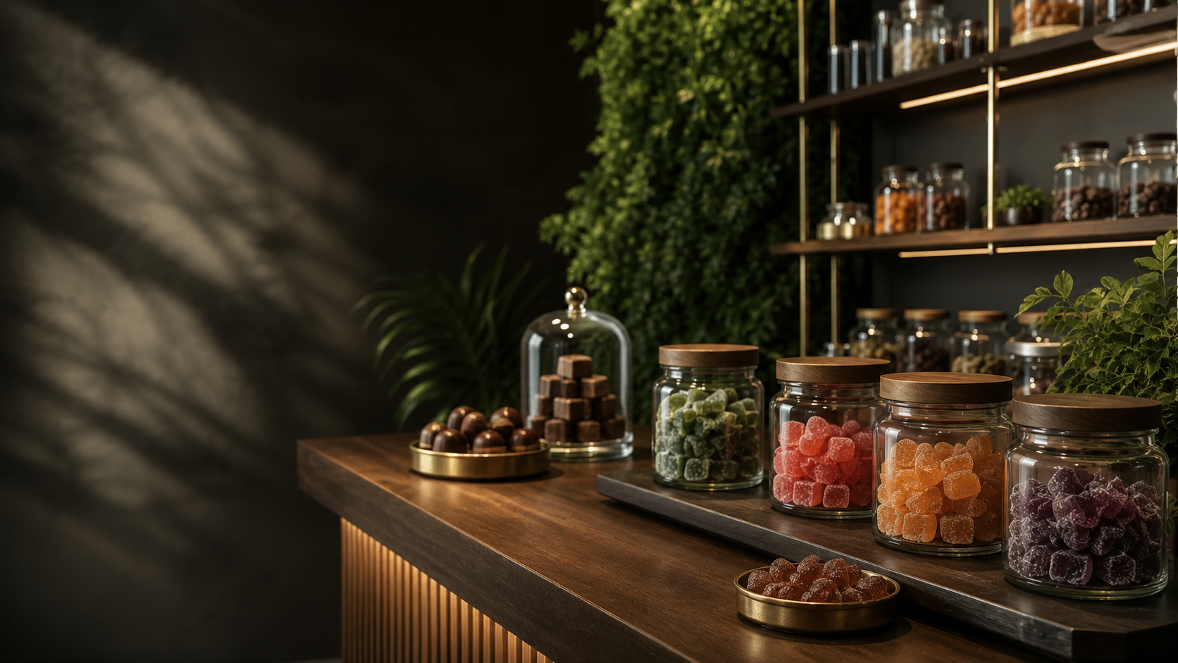 Edibles organized in glass jars on a warmly lit retail counter