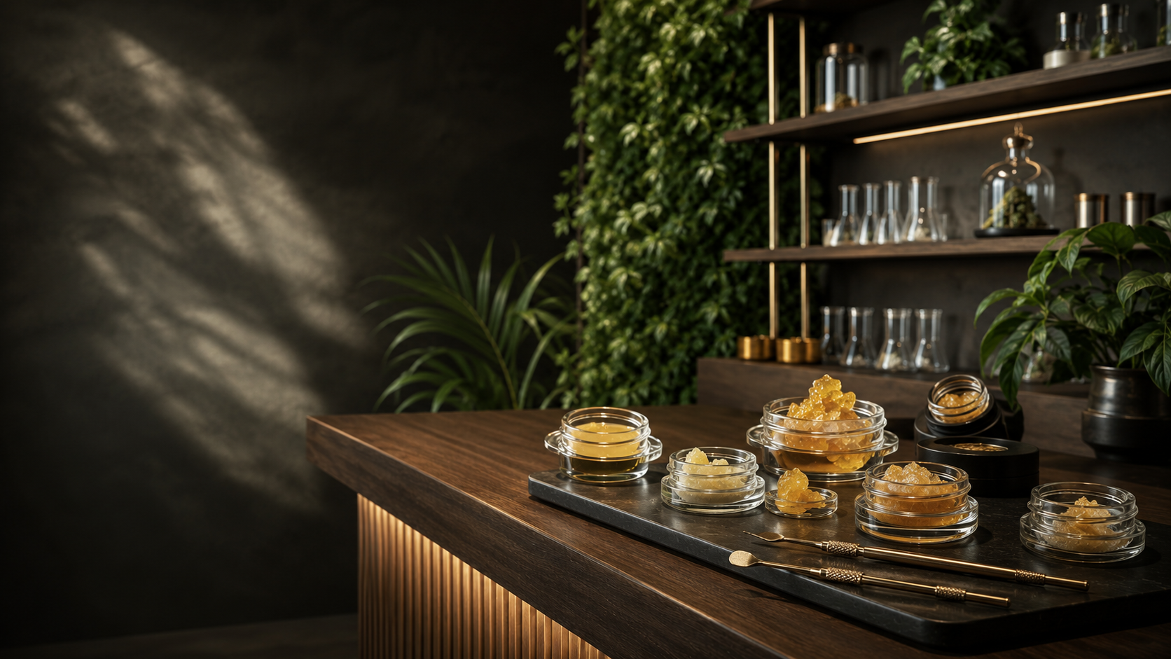 Concentrates presented on a dark counter with warm lighting