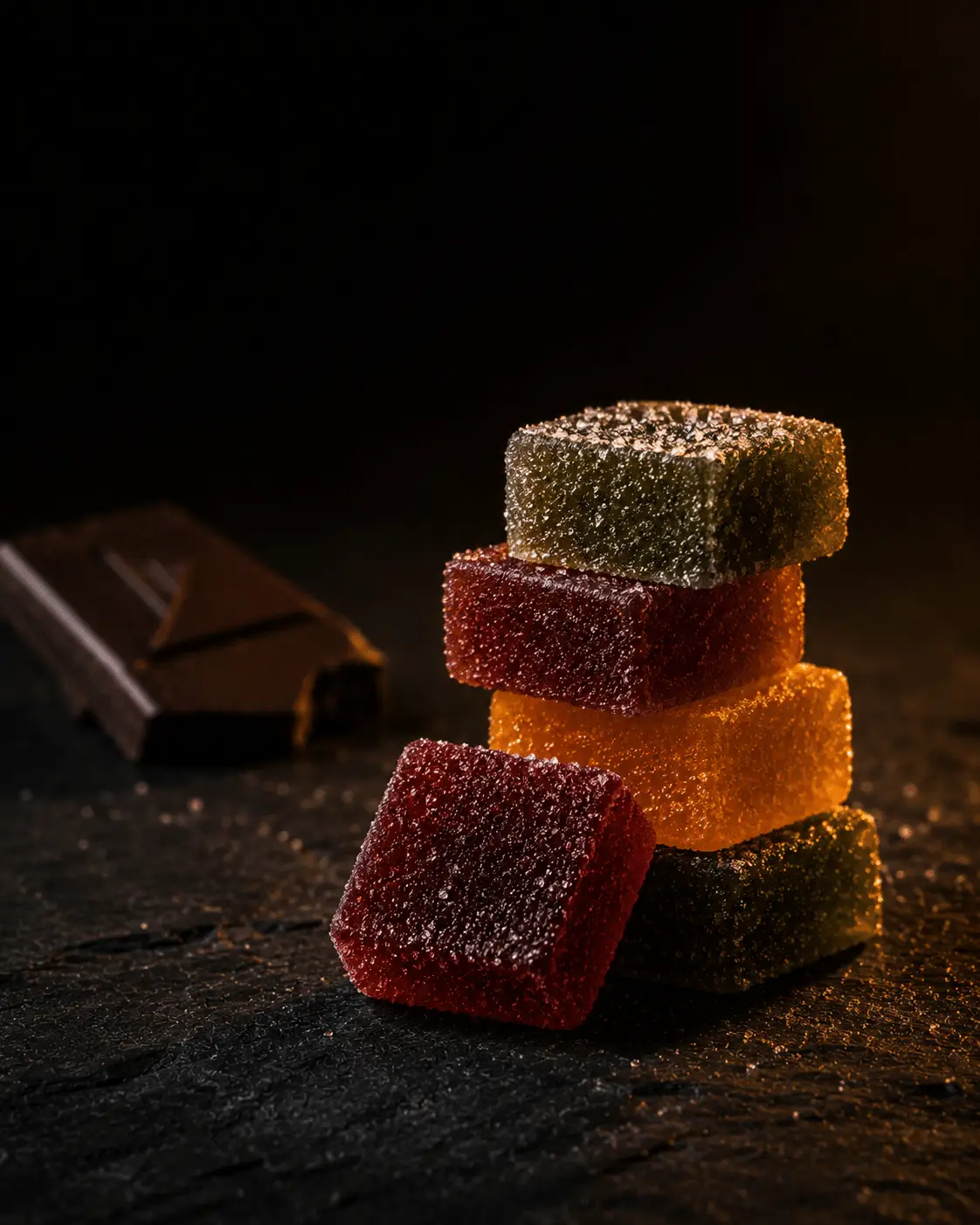Stacked cannabis fruit gummies with dark chocolate