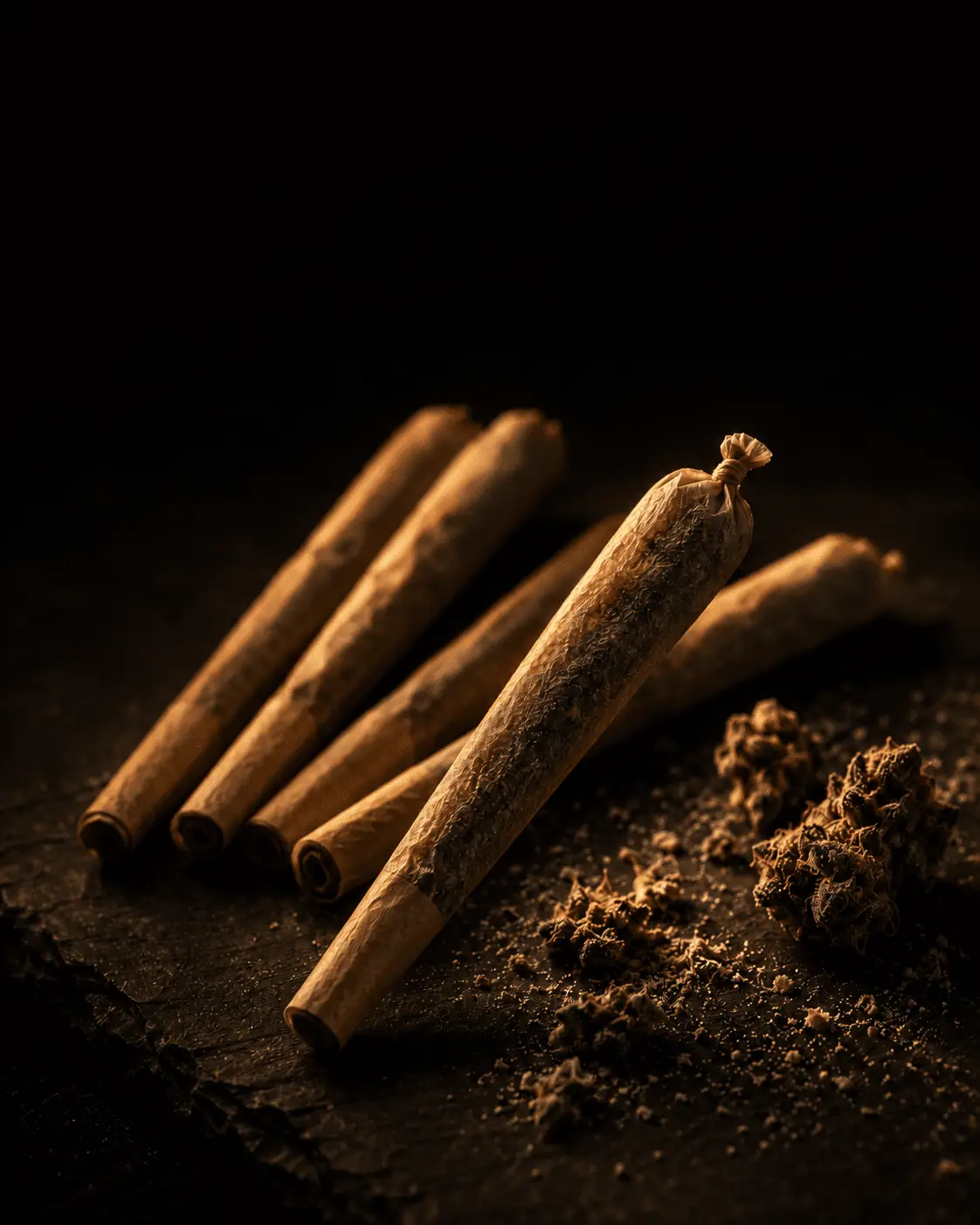 Fresh pre-rolled cannabis joints and flower on dark slate