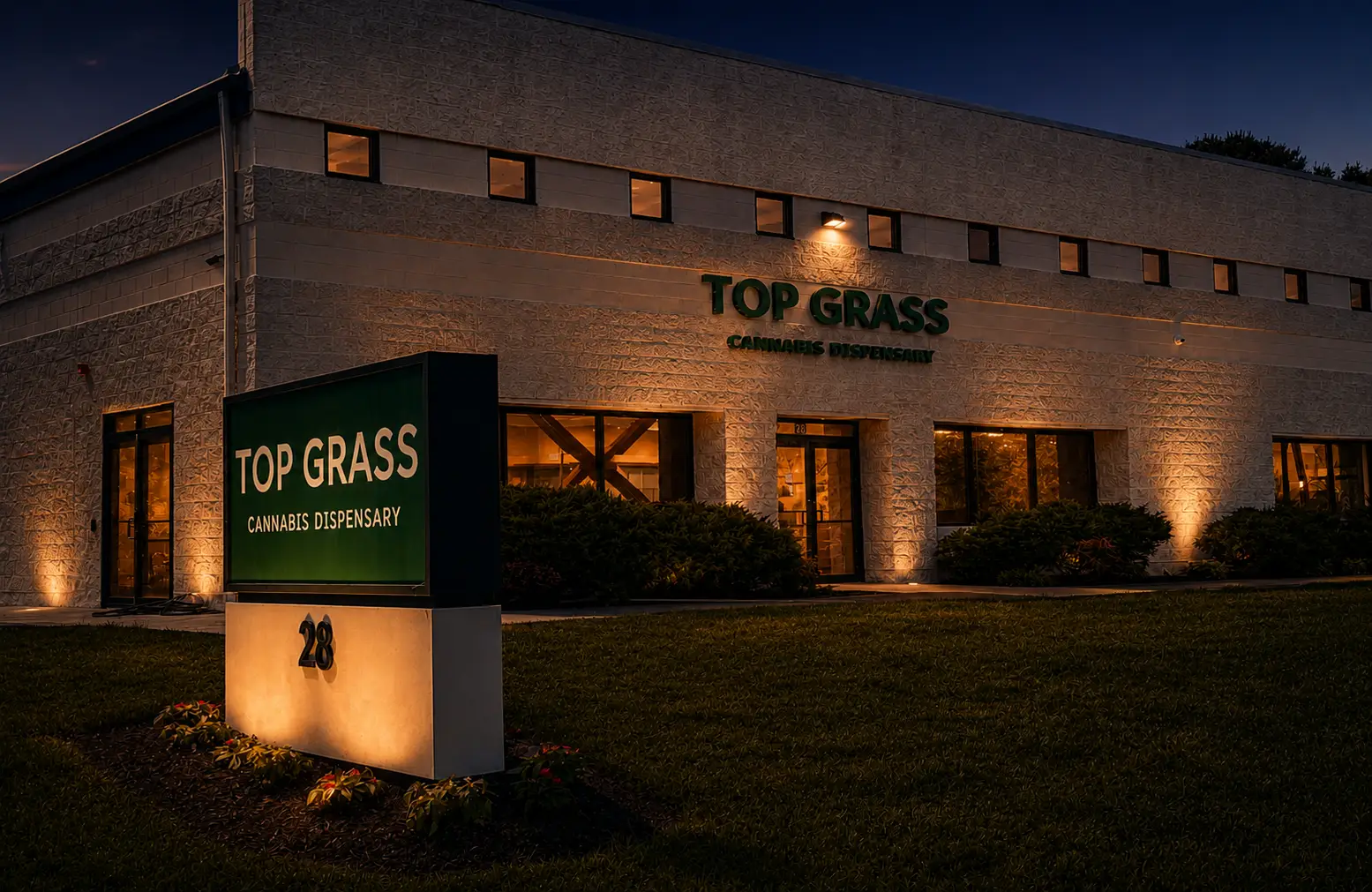 Top Grass Cannabis Dispensary storefront at dusk, 28 Sawgrass Dr, Bellport NY