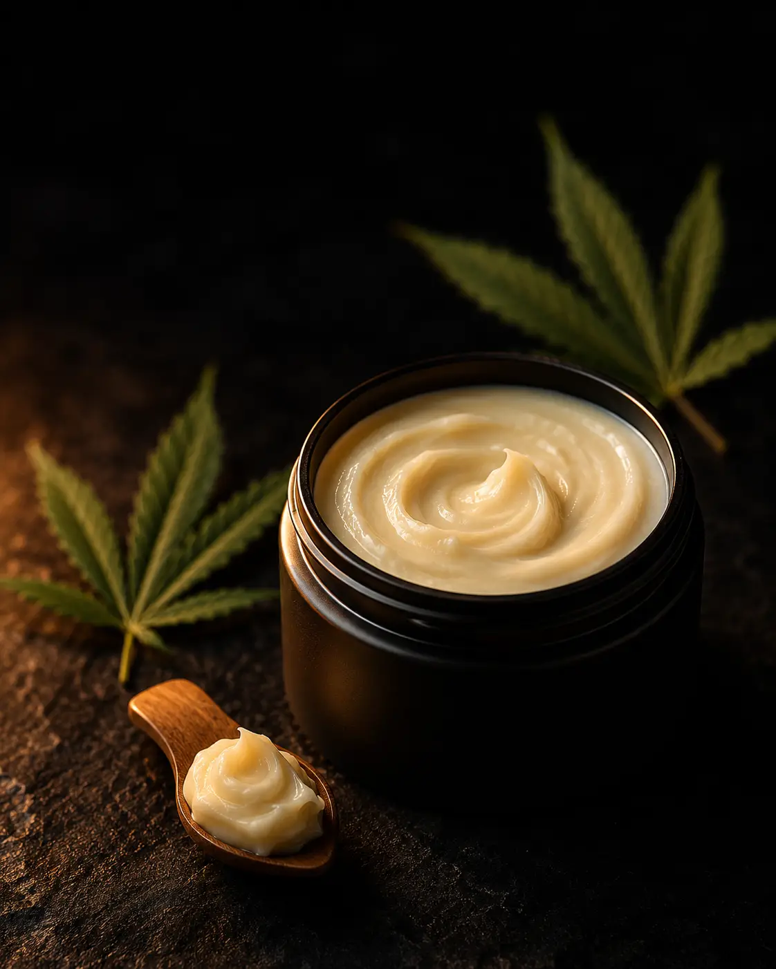 Open jar of cannabis-infused balm with a wooden scoop