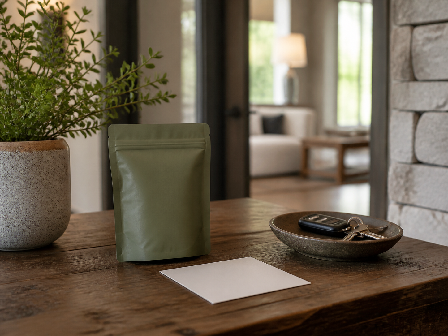 Sealed cannabis package and house keys on a home entry table