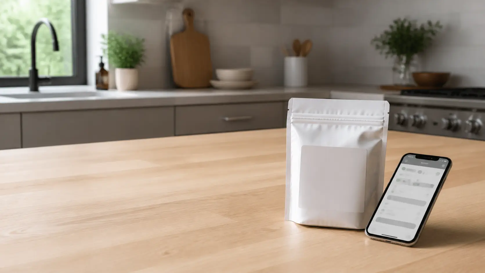 Sealed product pouch beside a smartphone on a kitchen counter