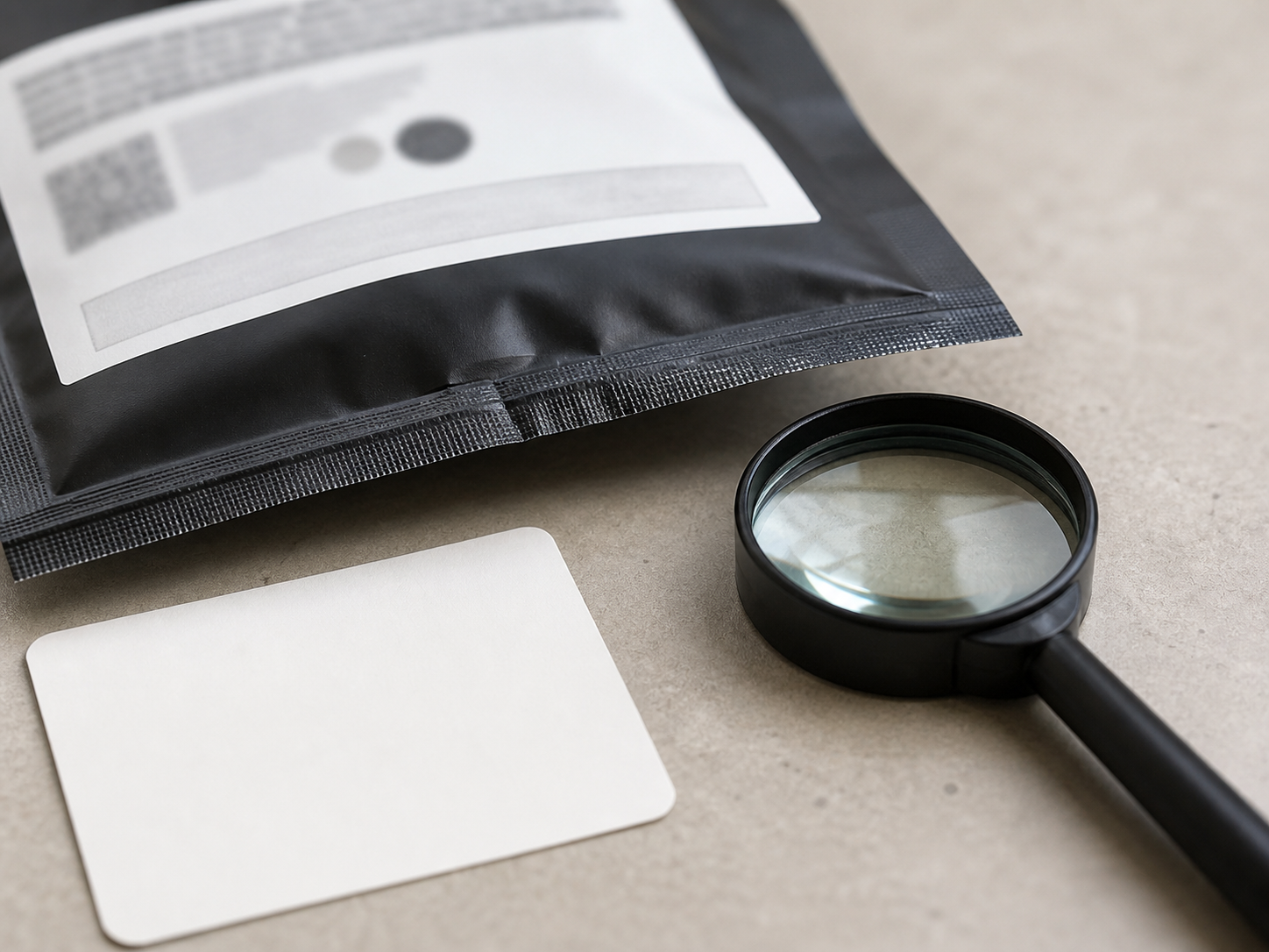 Close view of a cannabis package lot-number area with a magnifying glass