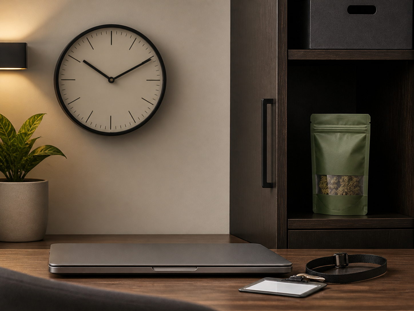 Office clock and securely stored personal cannabis package showing a work-time boundary