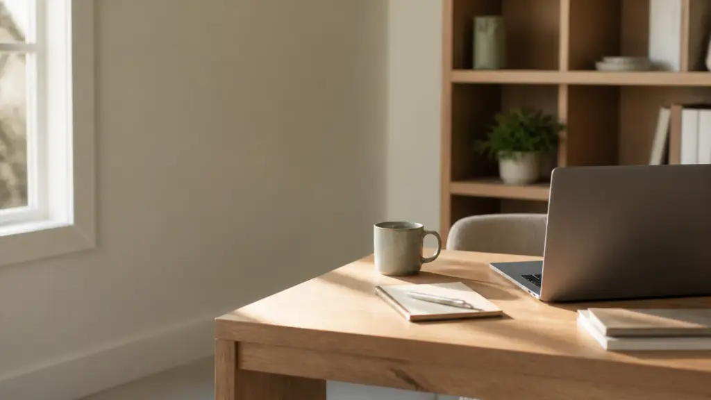 Laptop, notebook and coffee mug on a sunlit home office desk