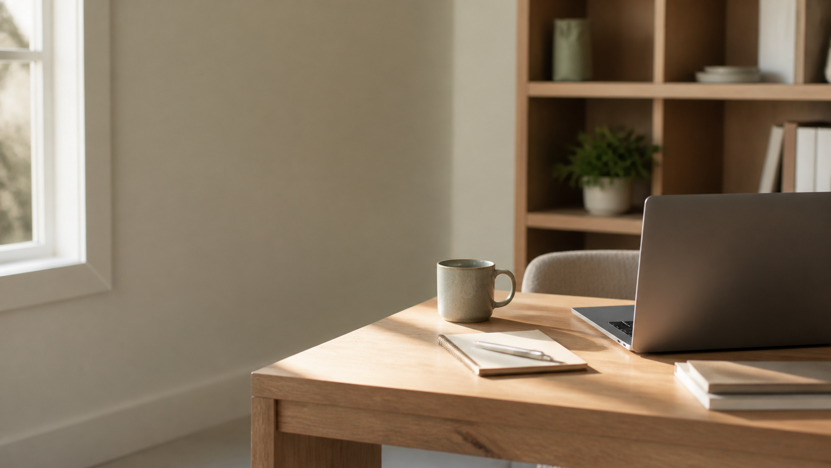 Quiet home office with a clear separation between work desk and personal items