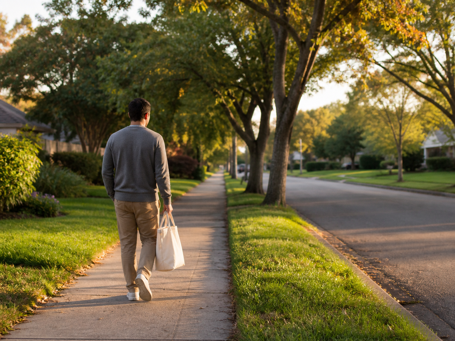 Adult walking home on a Suffolk County street after the workday