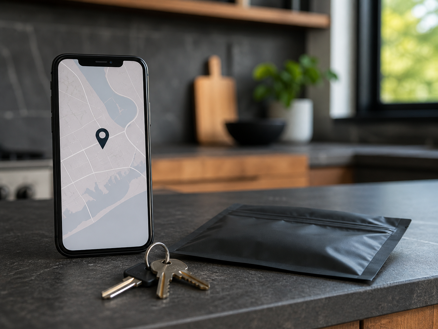 Phone showing an abstract coverage map beside a sealed order bag and house keys