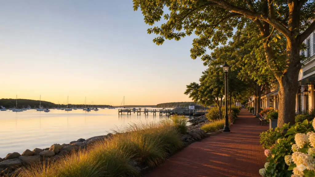 Harborfront walking path and boats in Huntington at sunset