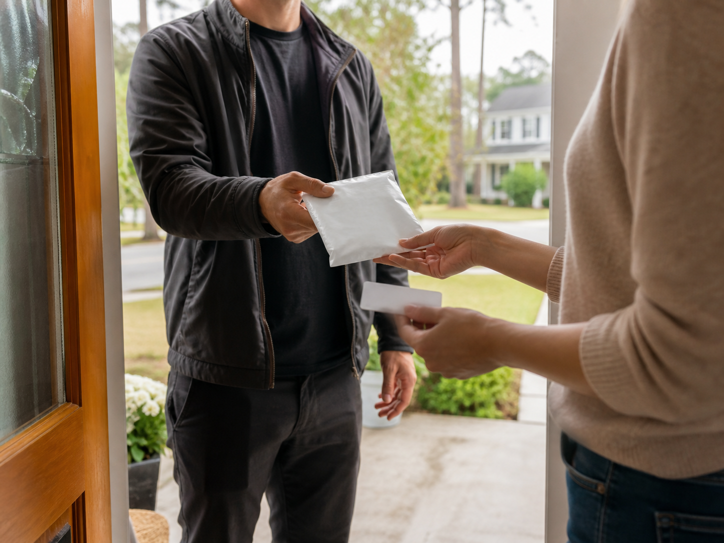 Adult customer receiving a sealed delivery bag at a Long Island home entry