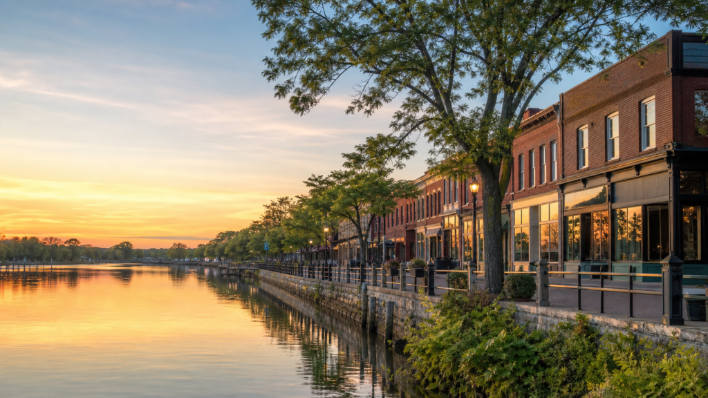 Riverhead waterfront and brick storefronts at sunset