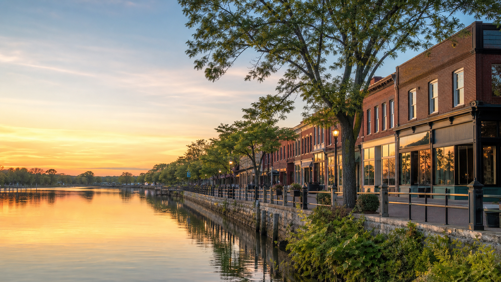 Riverhead waterfront and historic downtown at sunset