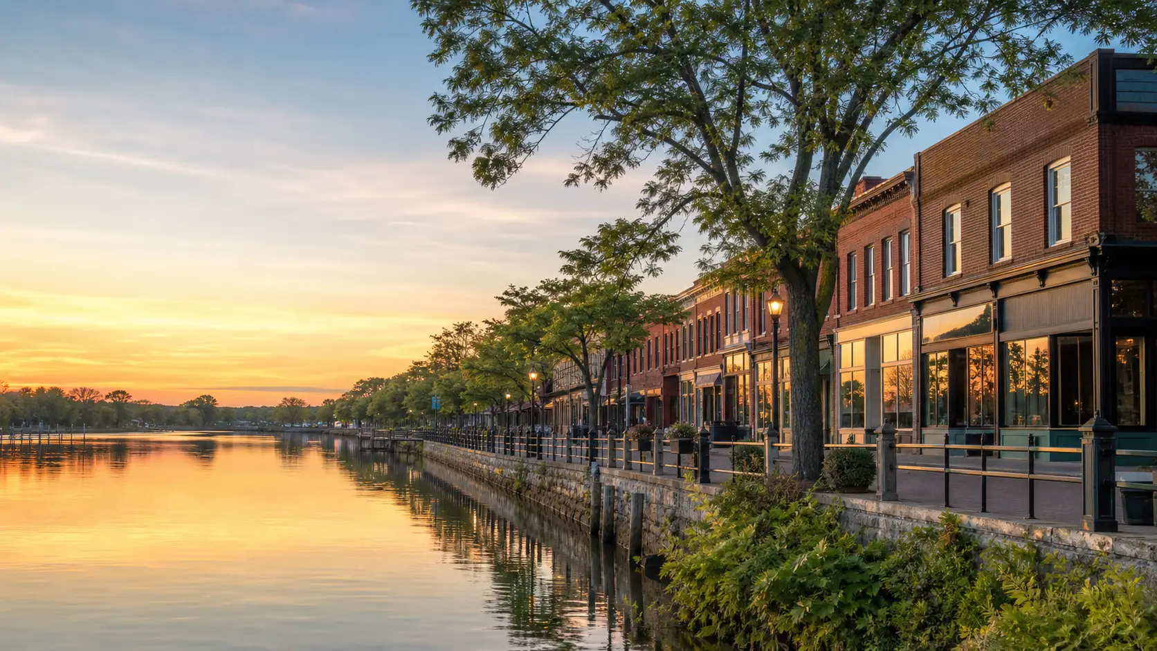 Riverhead waterfront and brick storefronts at sunset