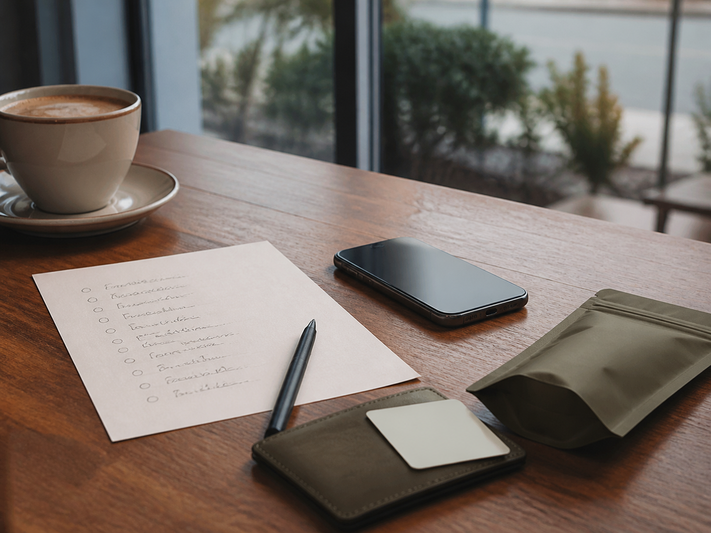 Adult-use shopping checklist, phone, wallet, and sealed cannabis package on a cafe table