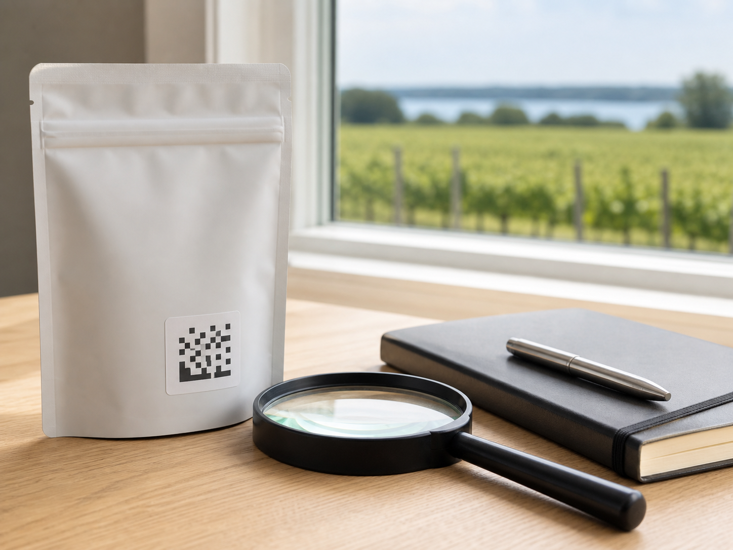Sealed cannabis product package with a QR-style lab-information mark and magnifying glass