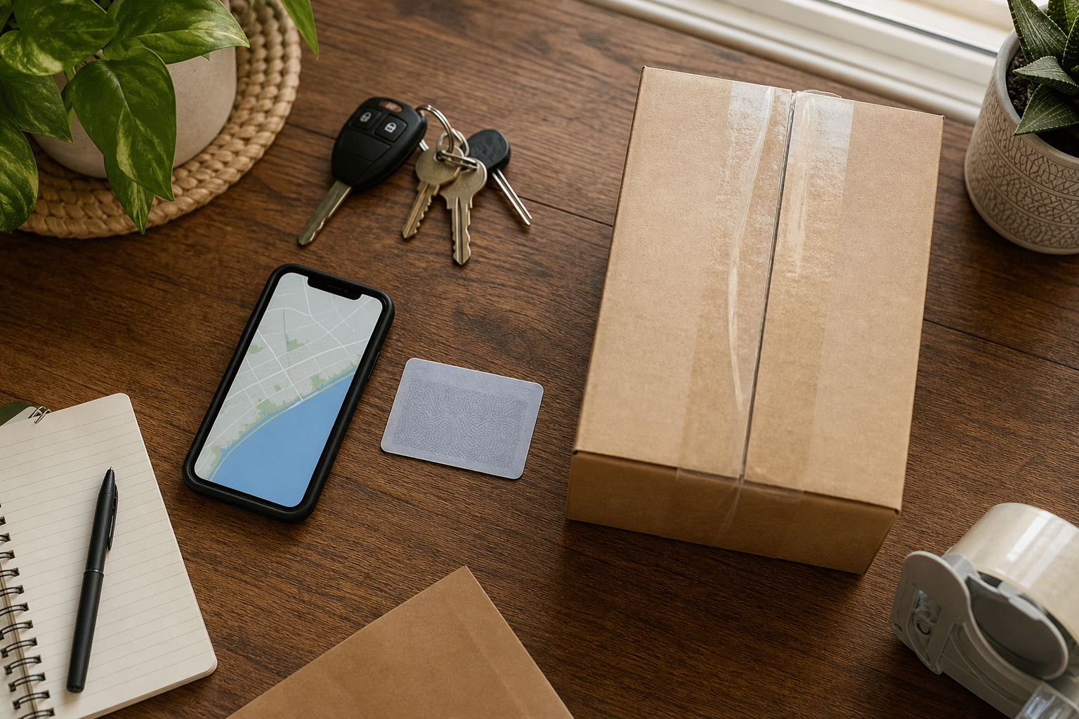 Bayport cannabis delivery preparation with ID phone keys and sealed package