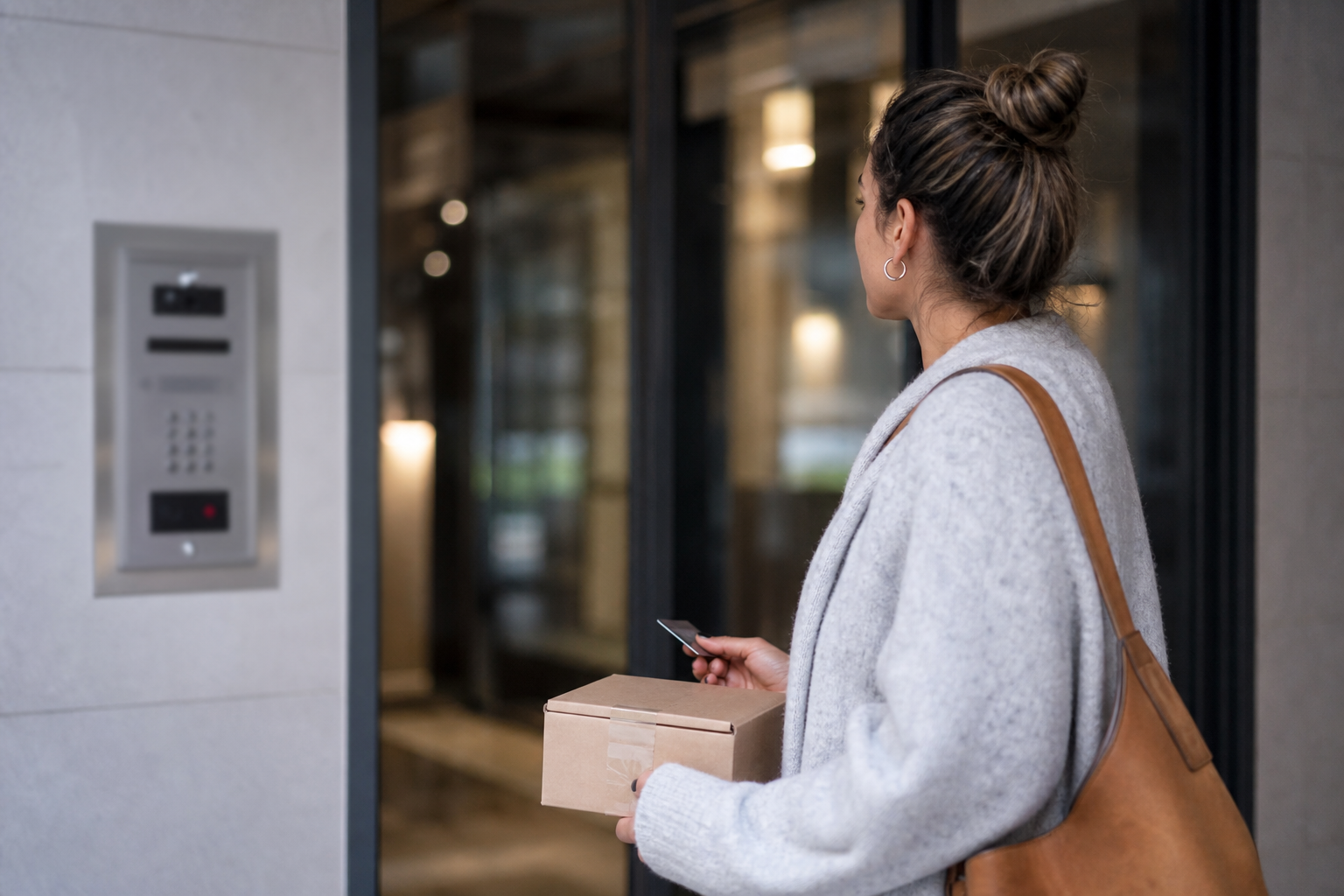 Blue Point cannabis delivery handoff at a multi-unit building entrance