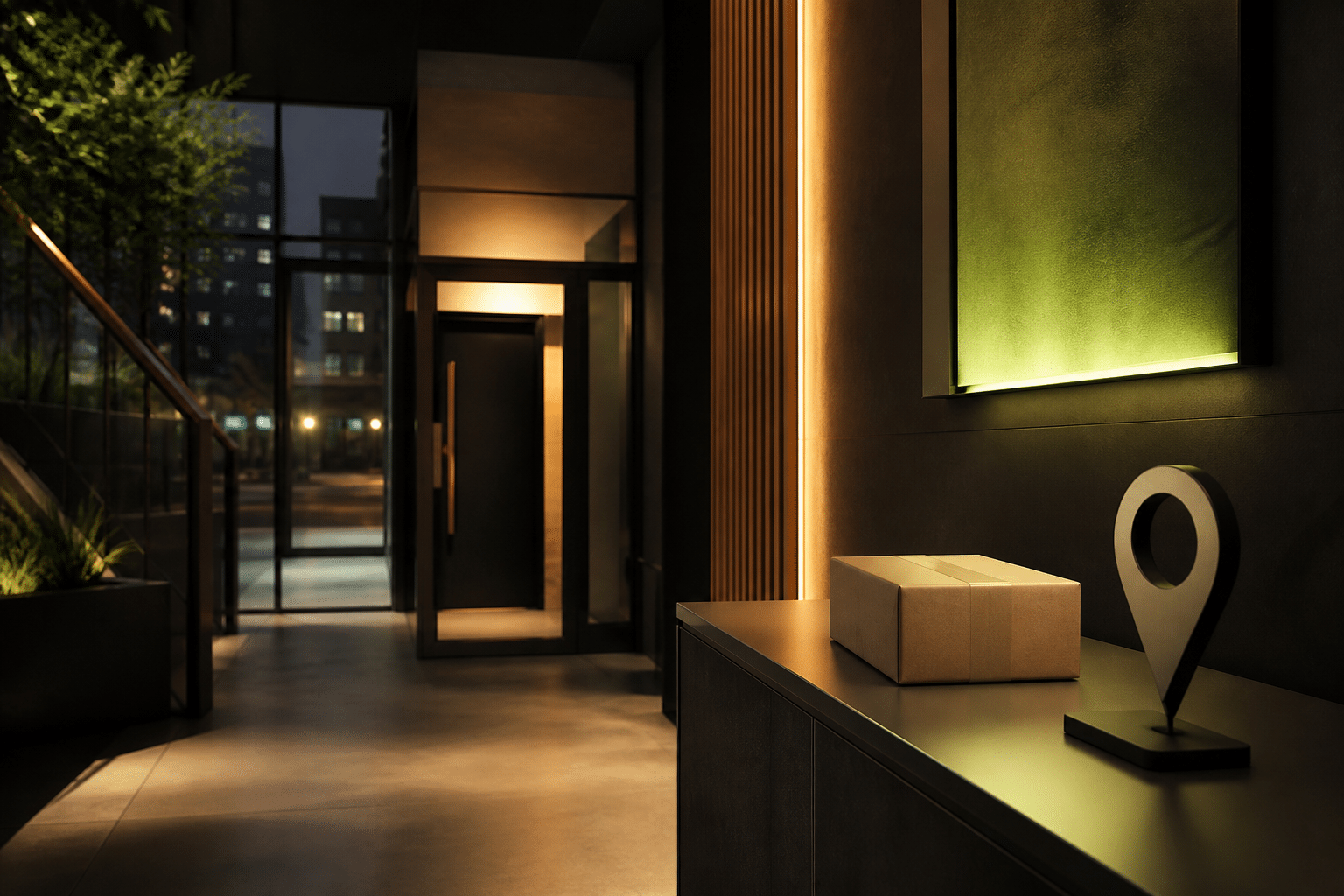 Discreet sealed delivery parcel on an apartment lobby console beside a location marker