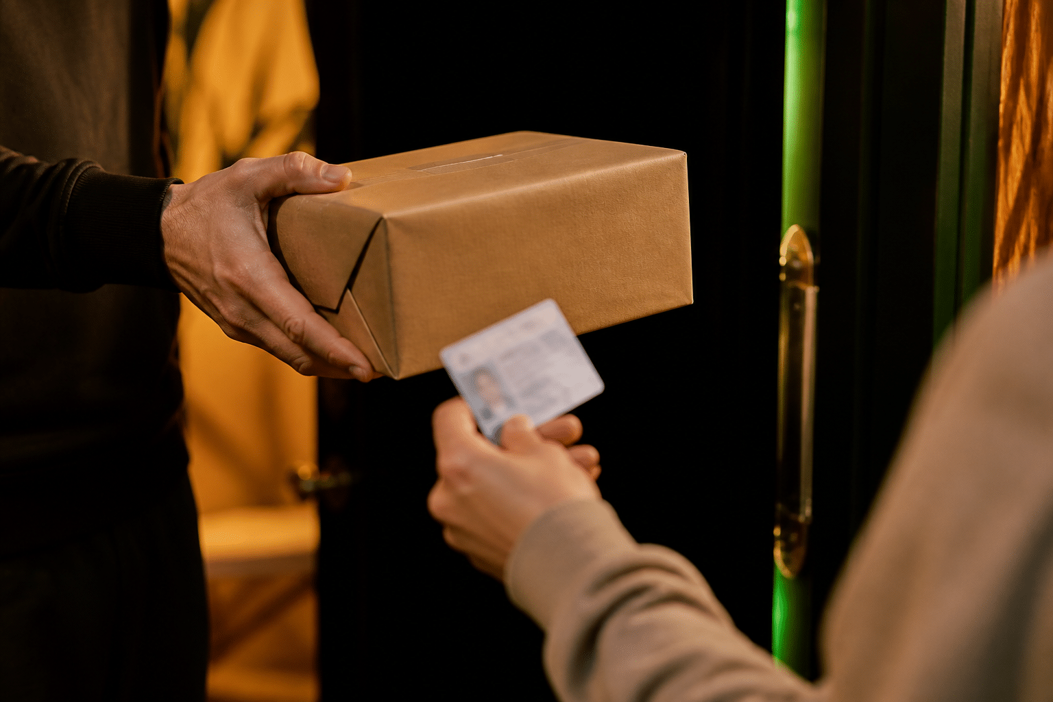 Adult hands completing a sealed parcel handoff while the recipient presents a blurred photo ID