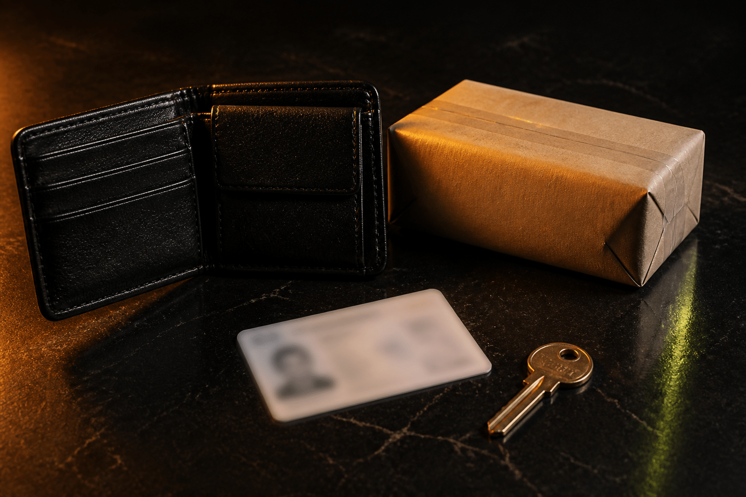 Blurred government photo ID beside a wallet, key, and sealed parcel