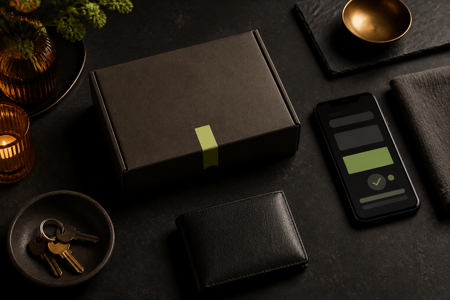 Sealed delivery package, wallet, keys, and phone arranged on dark stone