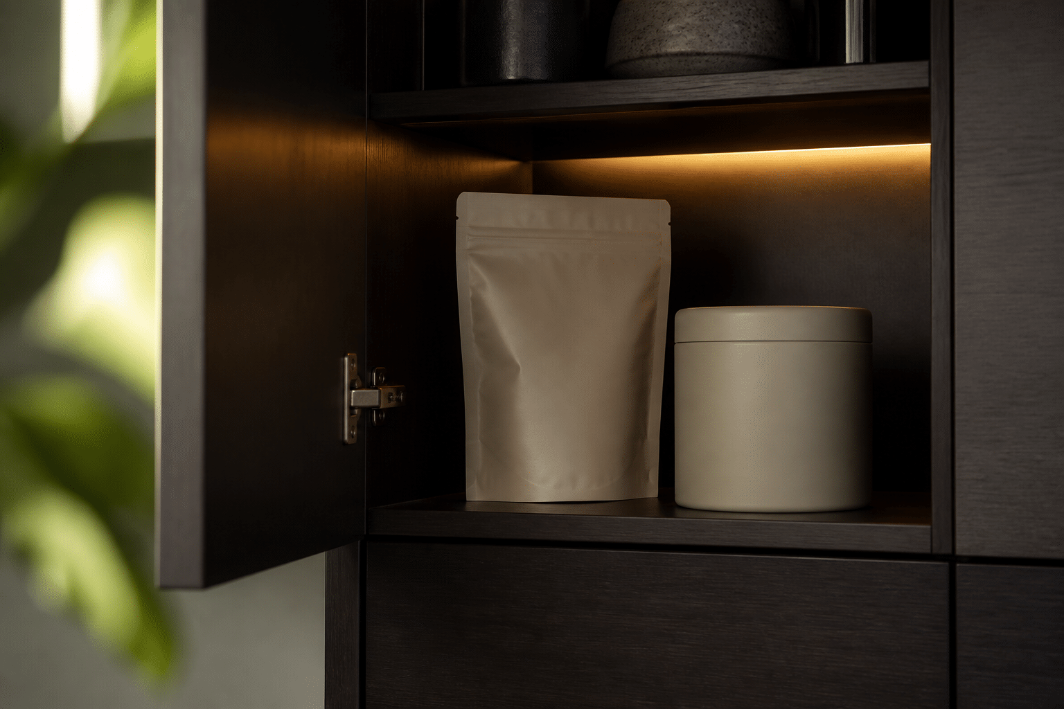 Sealed neutral package and opaque storage jar arranged inside a dark cabinet