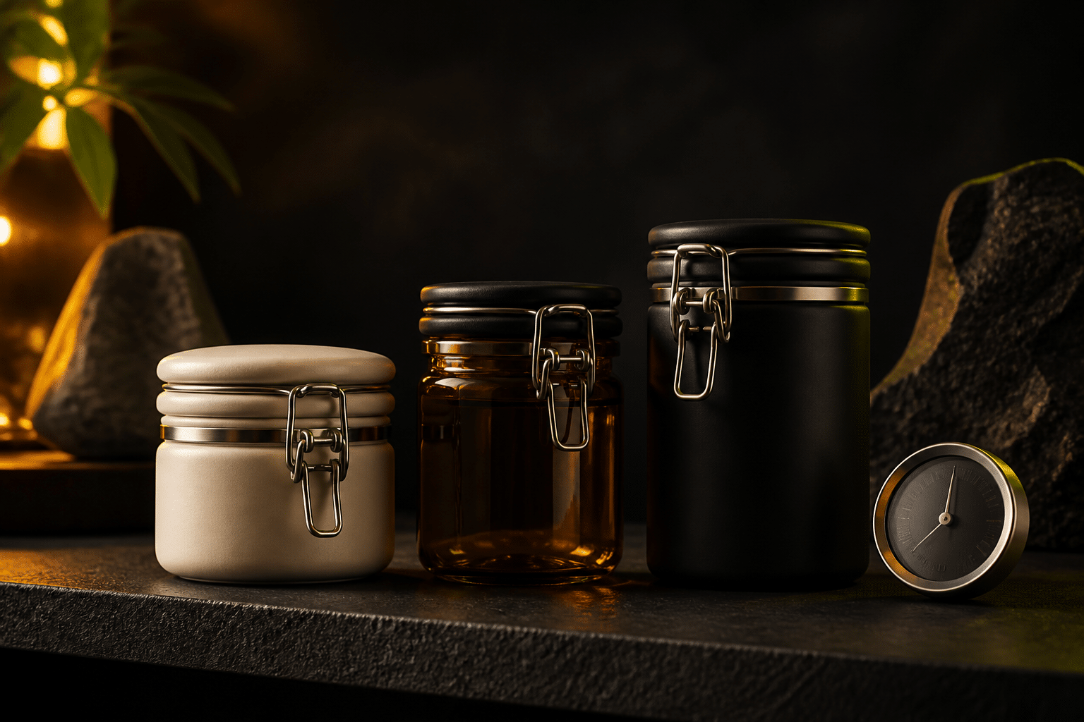 Three unbranded sealed storage containers and a humidity gauge on a dark shelf