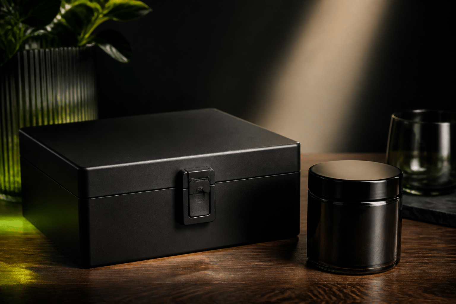 Matte black lockbox and unbranded storage jar on a dark wooden surface
