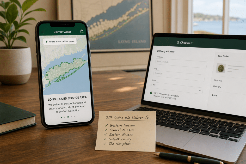cannabis delivery zones Long Island map and checkout address fields