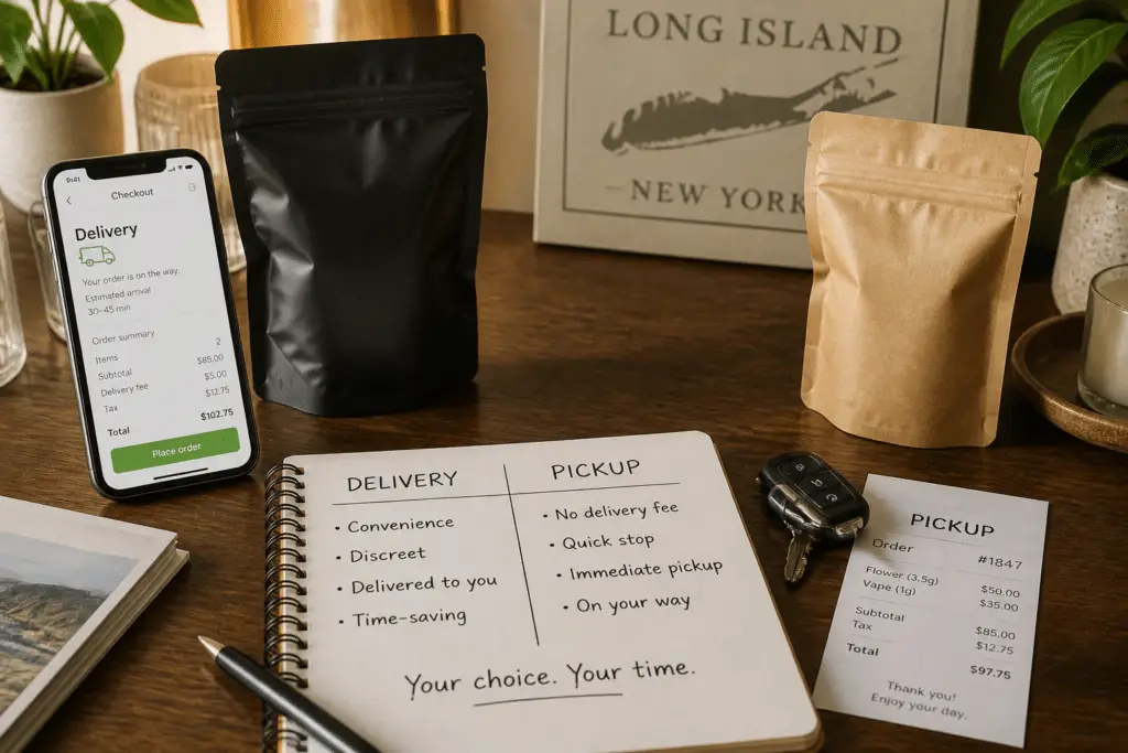 cannabis delivery vs pickup Long Island comparison with checkout and pickup notes