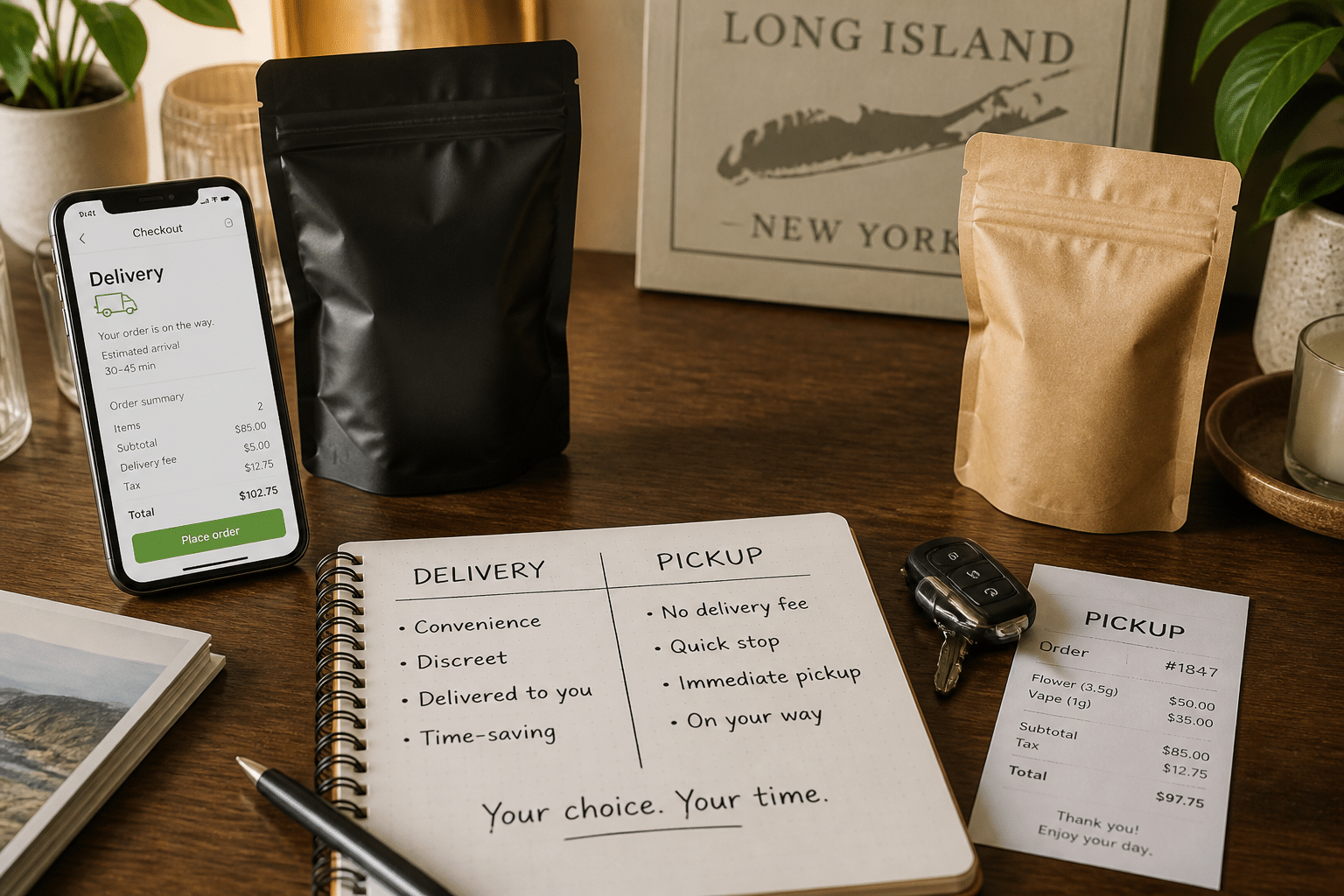 cannabis delivery vs pickup Long Island comparison with checkout and pickup notes