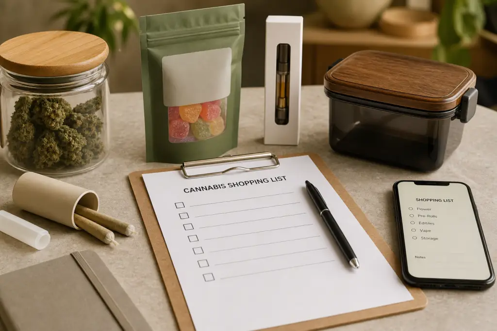 cannabis shopping list with generic product formats and secure storage container