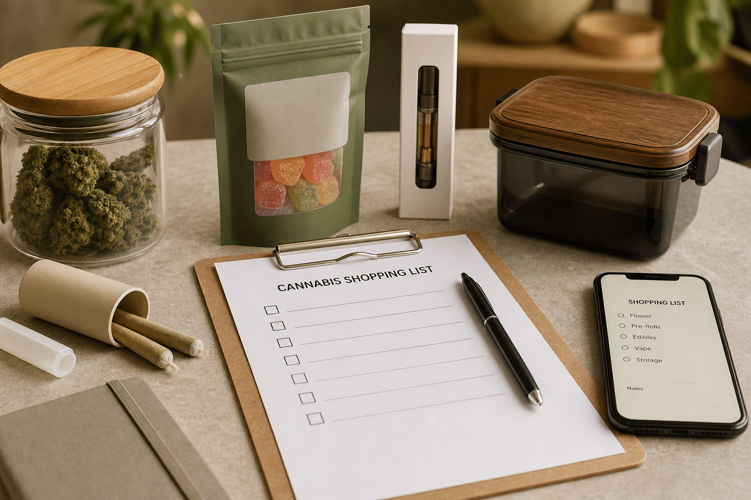 cannabis shopping list with generic product formats and secure storage container
