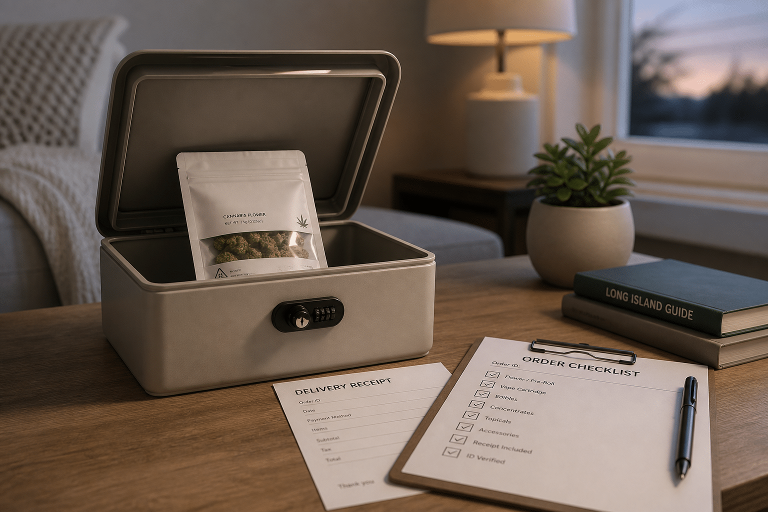 secure cannabis delivery Long Island storage box with receipt and order checklist