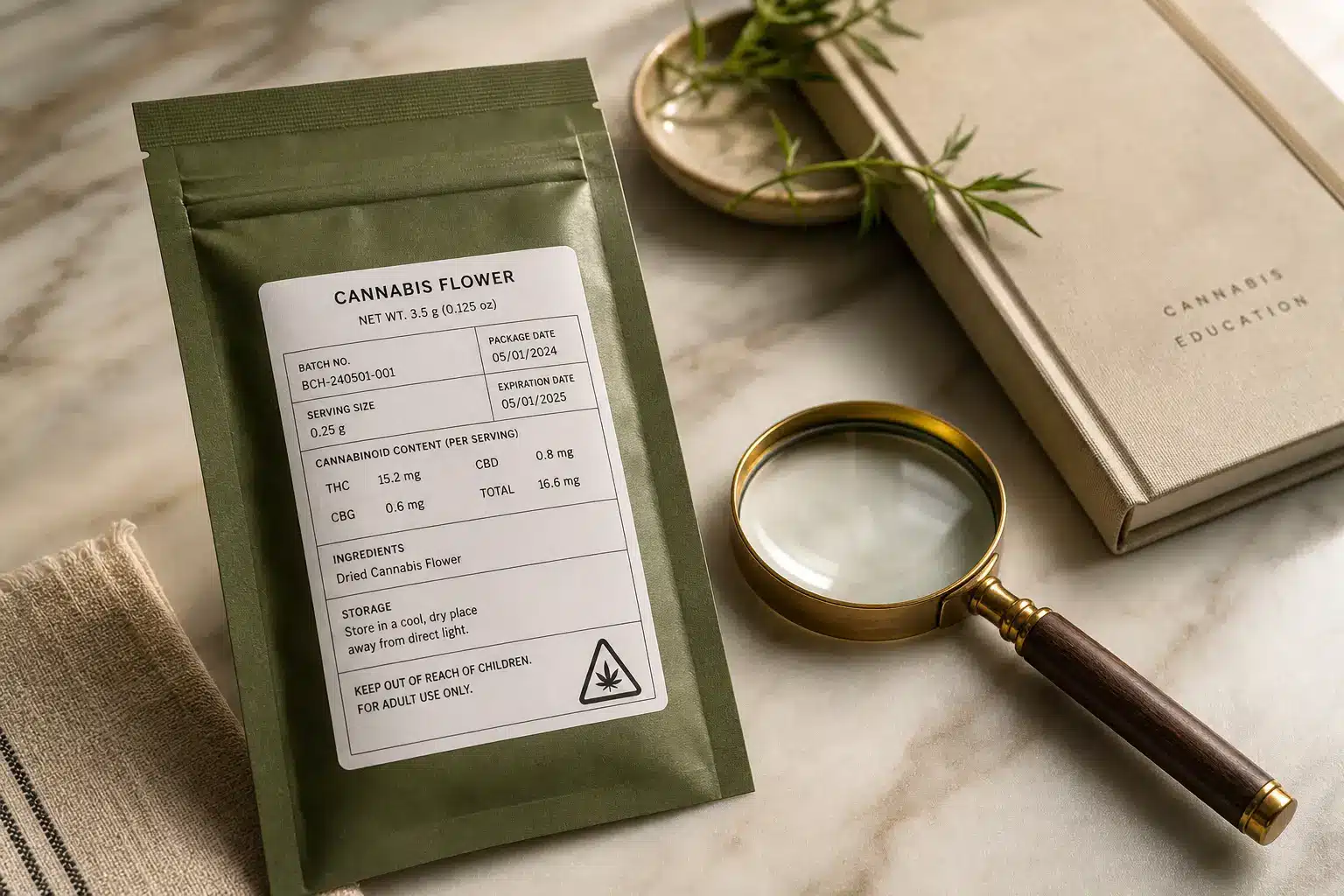 cannabis packaging label showing batch, serving size, ingredients, and storage details