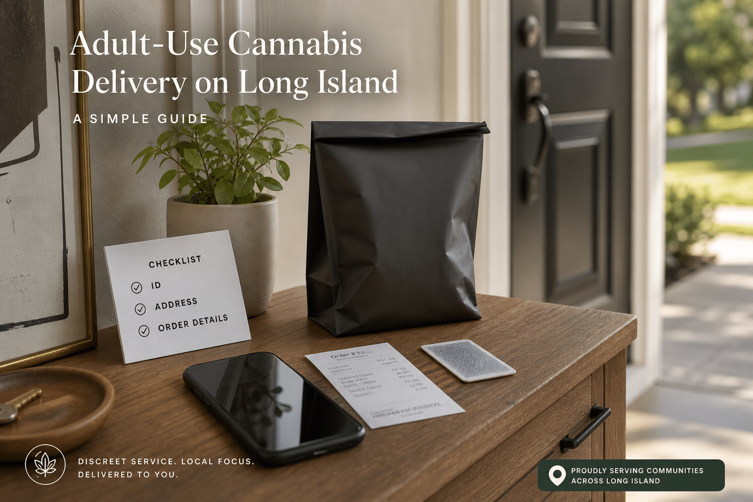 adult-use cannabis delivery Long Island ID and address checklist at a doorstep