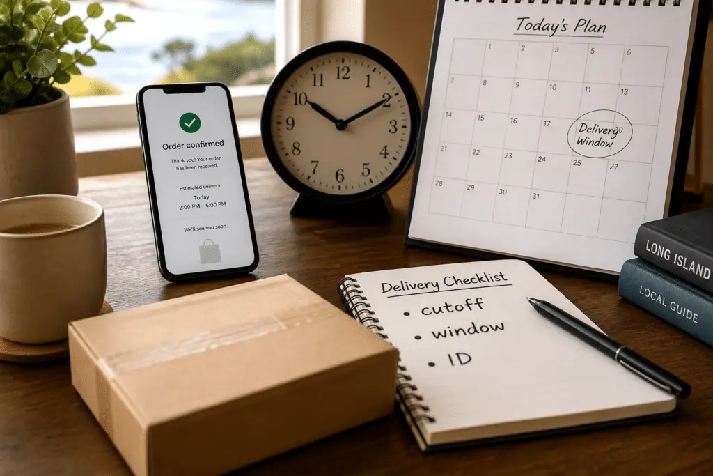 same-day cannabis delivery Long Island order confirmation, clock, and checklist