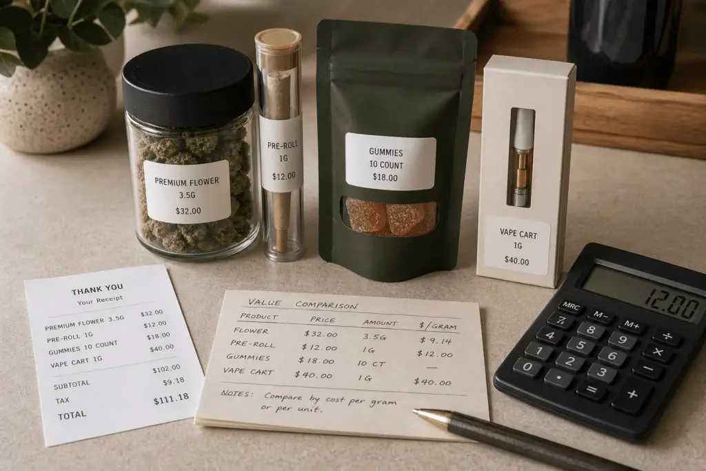 cannabis product value comparison with packages, receipt, calculator, and notes