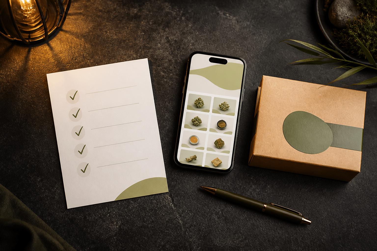 Blank checklist, phone menu, sealed parcel, and pen arranged on dark stone
