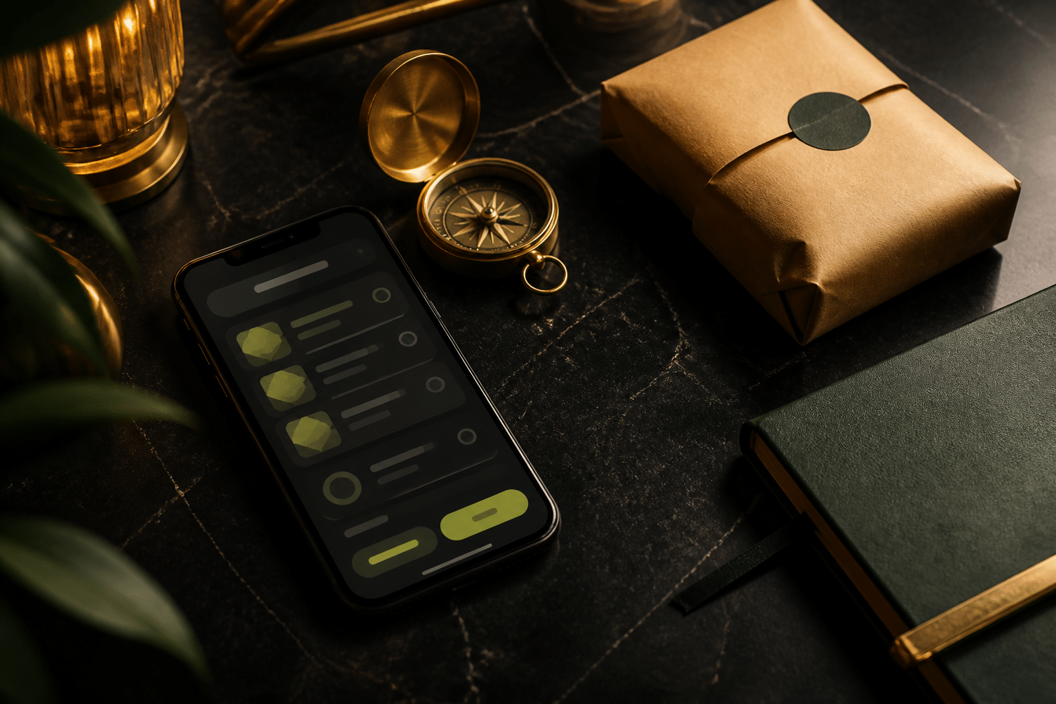 Phone with abstract menu interface beside a compass, notebook, and sealed package