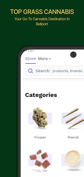 Top Grass app menu showing cannabis product categories
