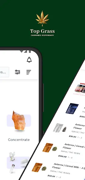 Top Grass app displaying product categories and menu results