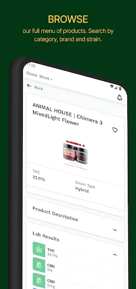 App product detail page with strain information and lab results